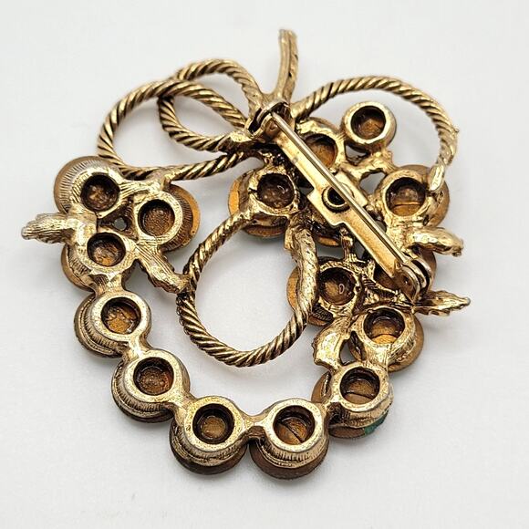 Vintage Unsigned Watermelon Heliotrope Rivoli Brooch 2" Gold Tone Rope Bow - Picture 2 of 8